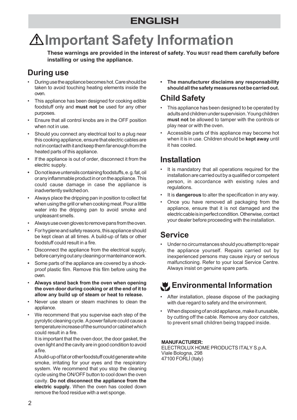 Important safety information, English, During use | Child safety, Installation, Service, Environmental information | Zanussi ZPB 1260 User Manual | Page 2 / 24