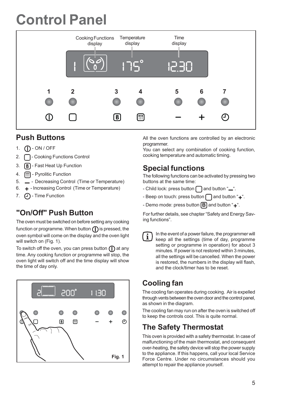 Control panel, Push buttons, On/off" push button | Special functions, Cooling fan, The safety thermostat | Zanussi ZPB 1260 User Manual | Page 5 / 24