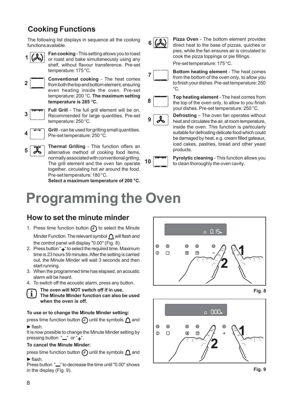 Programming the oven, How to set the minute minder, Cooking functions | Zanussi ZPB 1260 User Manual | Page 8 / 24