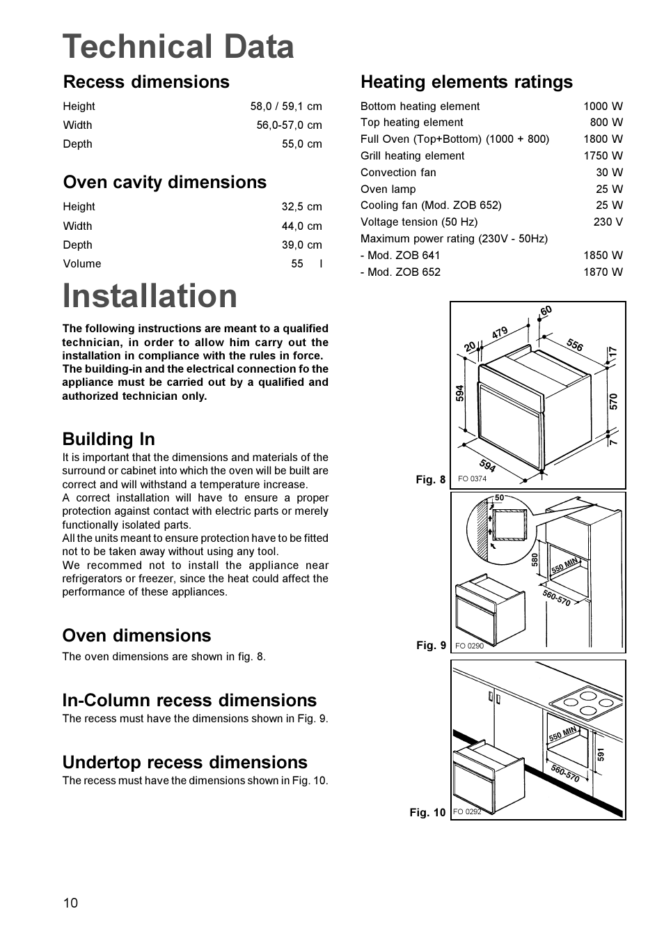 Technical data, Installation, Recess dimensions | Oven cavity dimensions, Building in, Oven dimensions, In-column recess dimensions, Undertop recess dimensions, Heating elements ratings | Zanussi ZOB 641 User Manual | Page 10 / 12