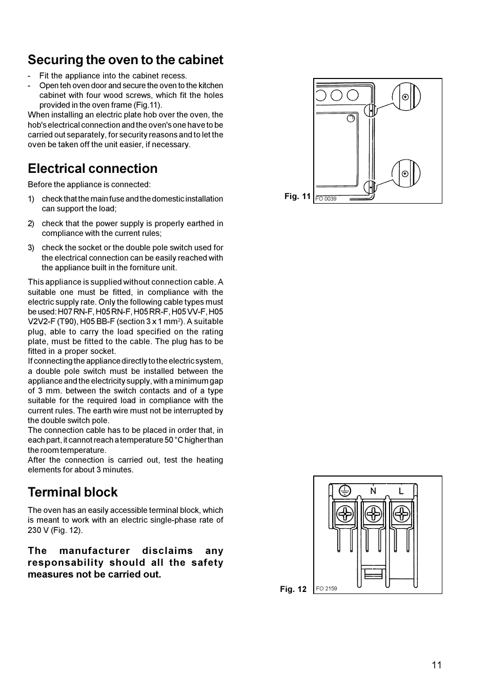 Securing the oven to the cabinet, Electrical connection, Terminal block | Zanussi ZOB 641 User Manual | Page 11 / 12