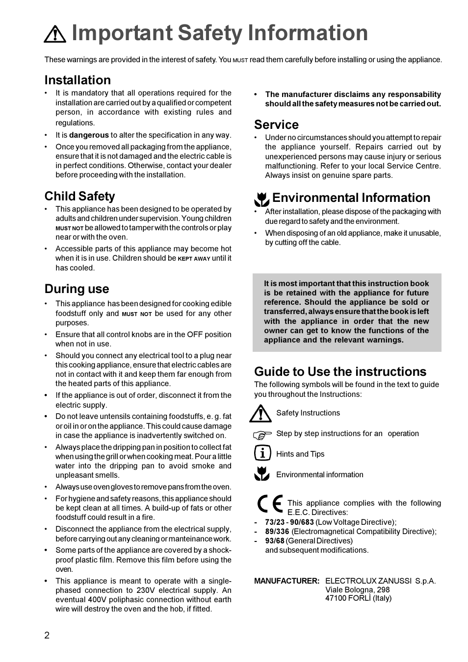 Important safety information, Installation, Child safety | During use, Service, Environmental information, Guide to use the instructions | Zanussi ZOB 641 User Manual | Page 2 / 12