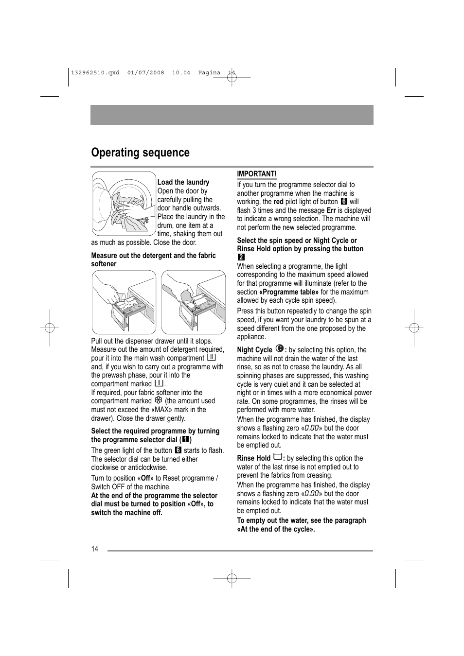 Operating sequence | Zanussi ZWF 14380 S User Manual | Page 14 / 32