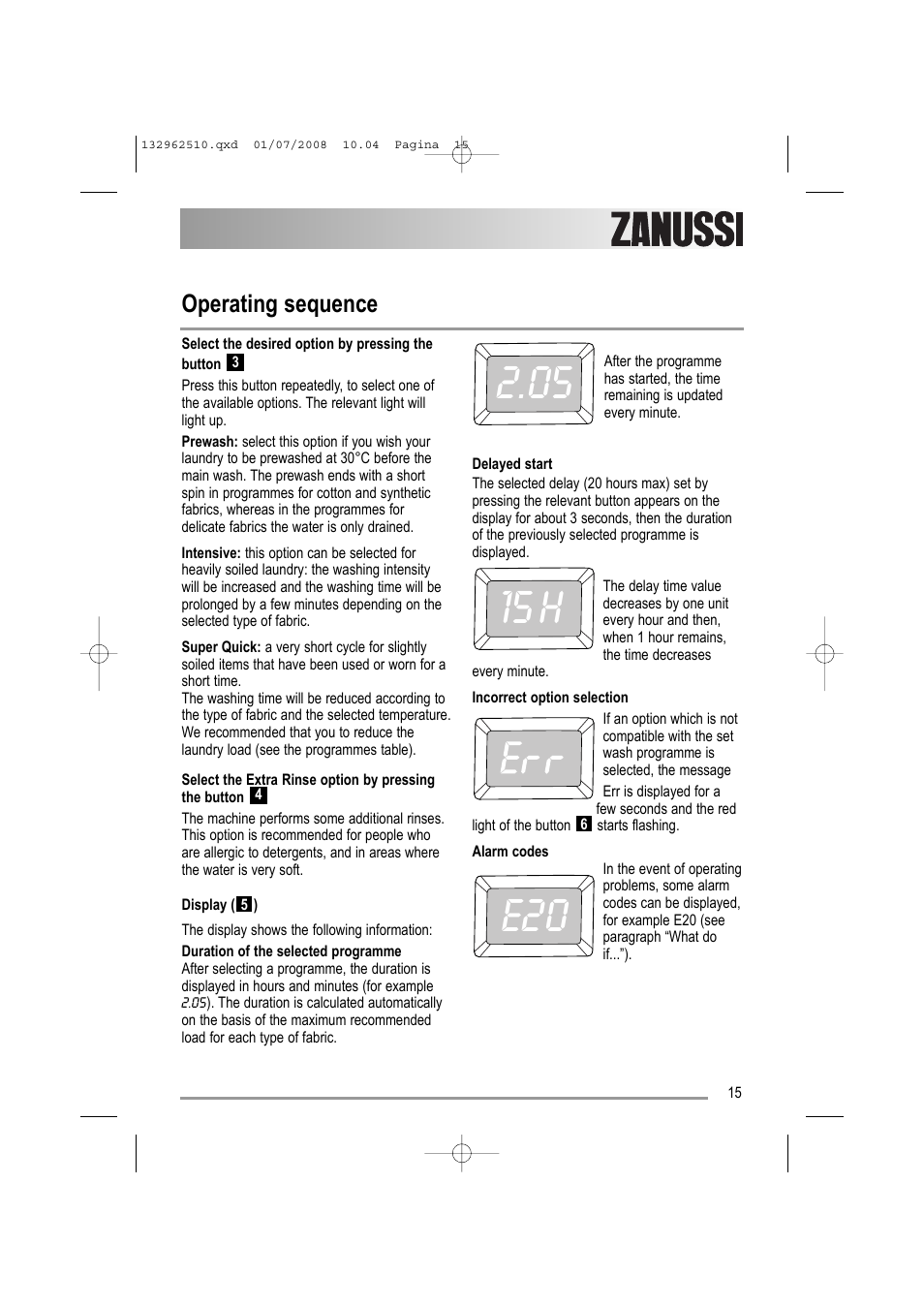 Operating sequence | Zanussi ZWF 14380 S User Manual | Page 15 / 32
