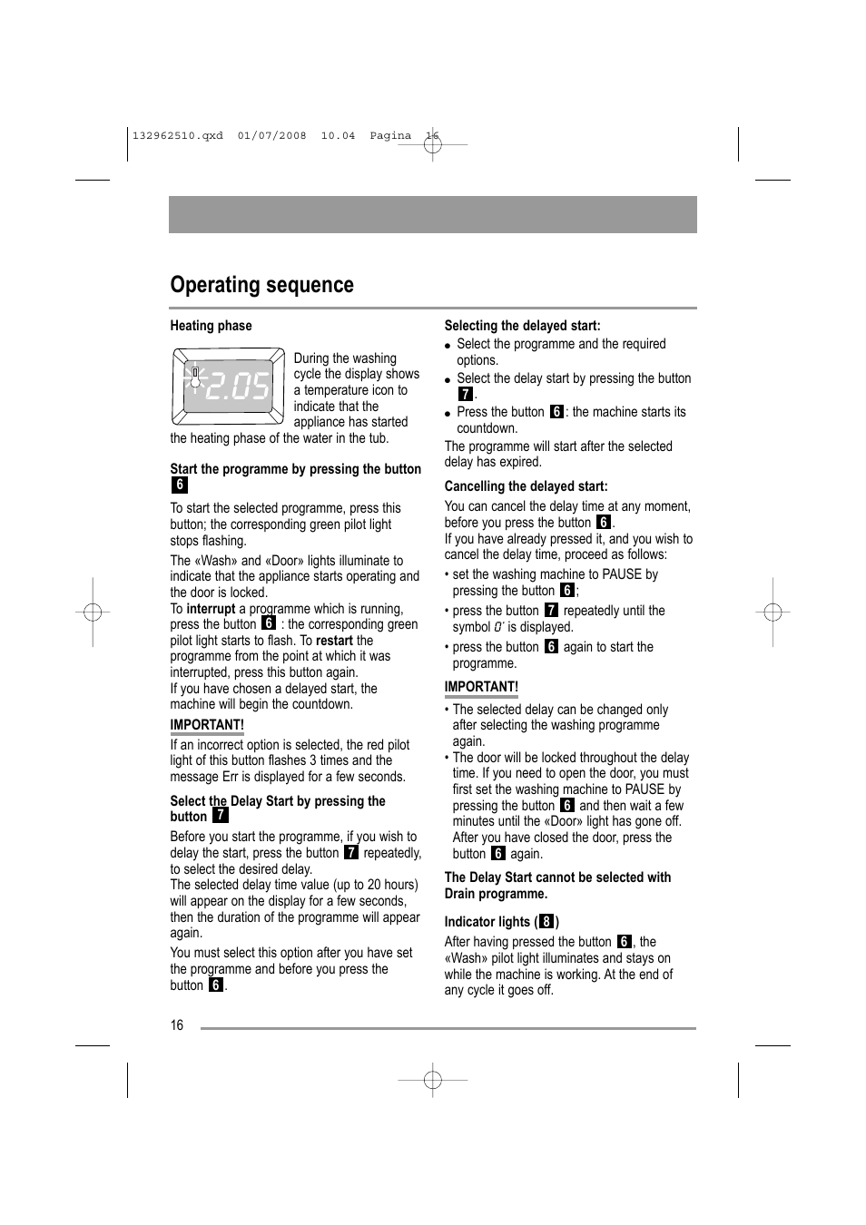 Operating sequence | Zanussi ZWF 14380 S User Manual | Page 16 / 32