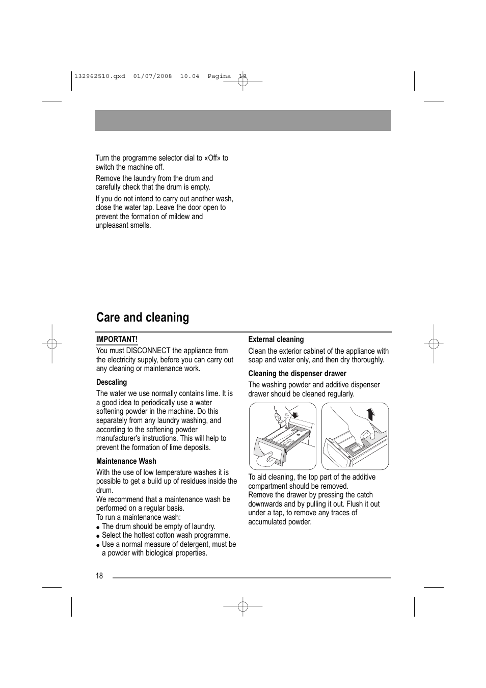 Care and cleaning | Zanussi ZWF 14380 S User Manual | Page 18 / 32