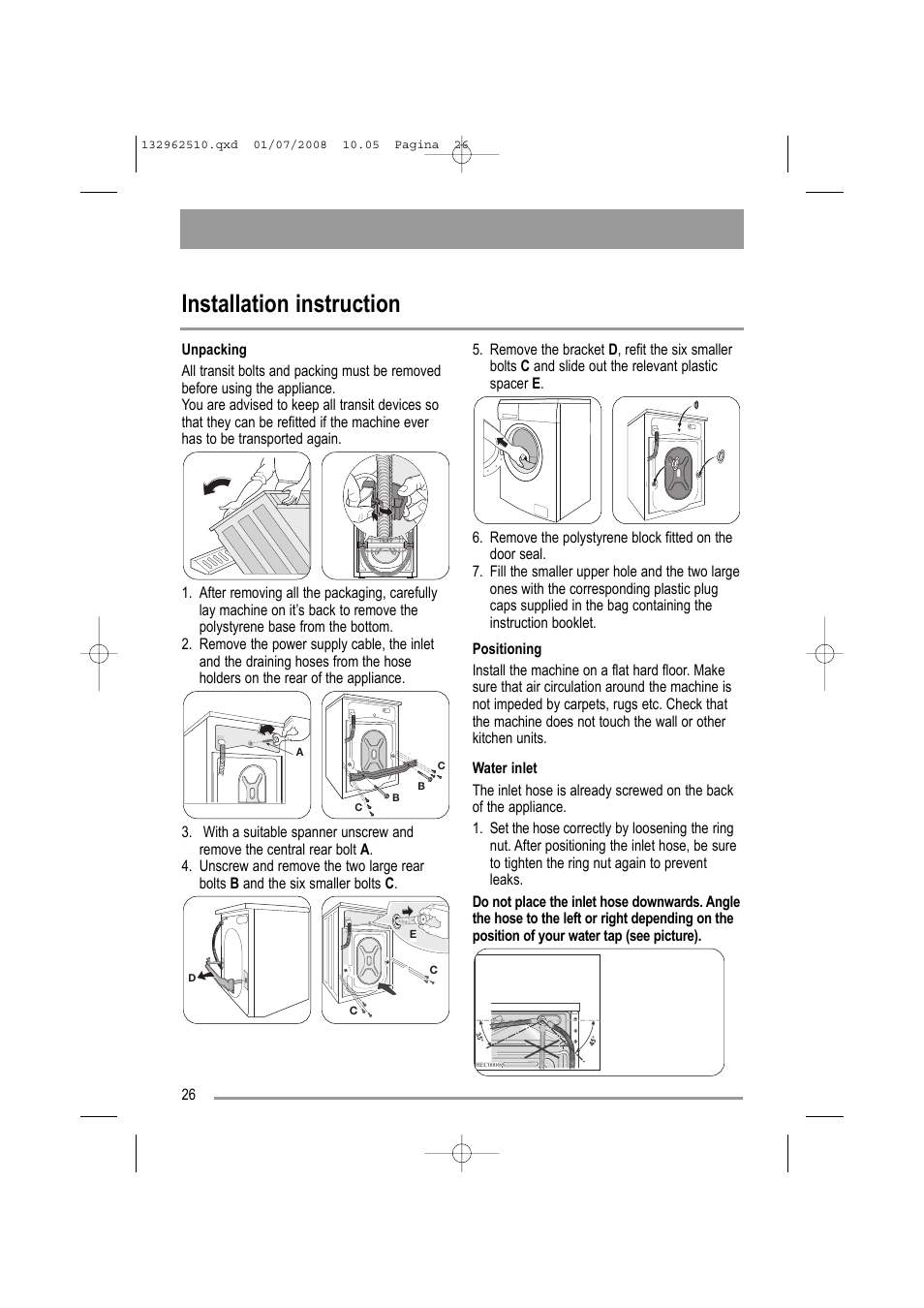 Installation instruction | Zanussi ZWF 14380 S User Manual | Page 26 / 32