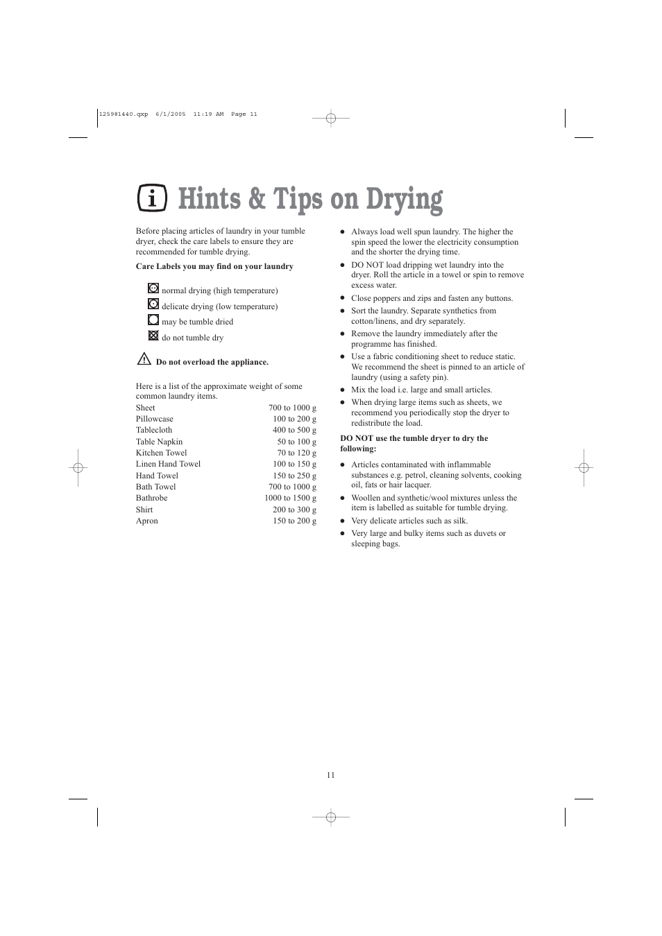 Hints & tips on drying | Zanussi TDE 4235 W User Manual | Page 11 / 19