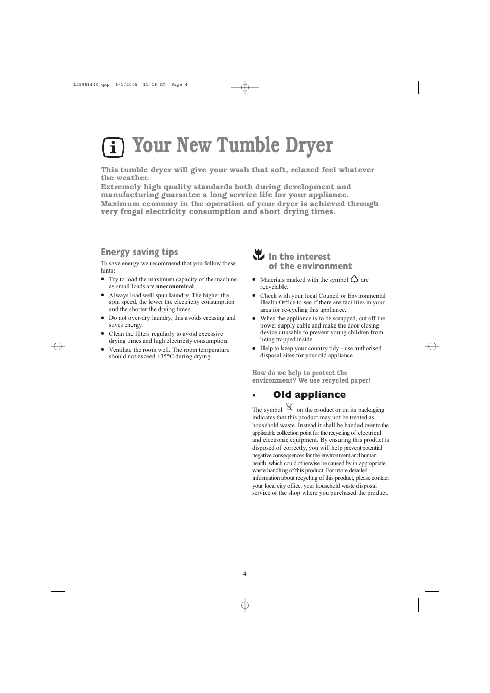 Your new tumble dryer, Old appliance, Energy saving tips | Zanussi TDE 4235 W User Manual | Page 4 / 19