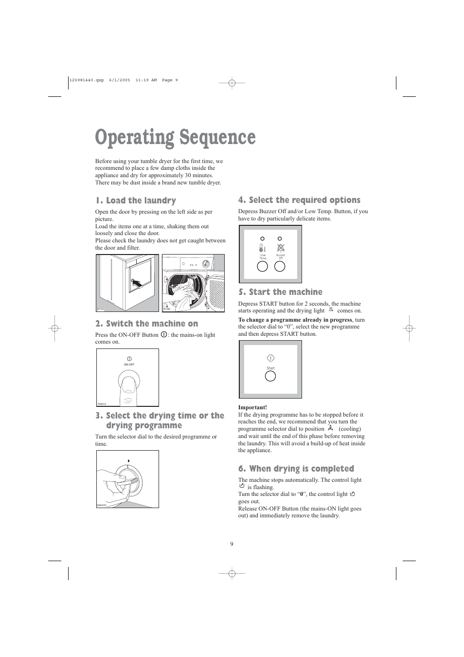 Operating sequence, Load the laundry, Switch the machine on | Select the drying time or the drying programme, Select the required options, Start the machine, When drying is completed | Zanussi TDE 4235 W User Manual | Page 9 / 19