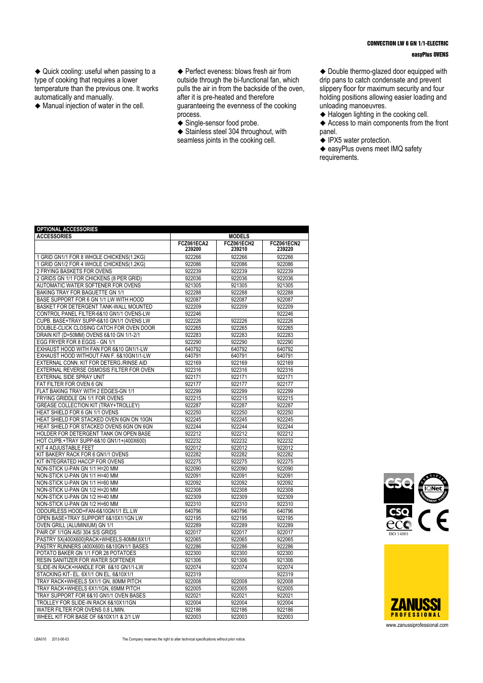 Zanussi, Manual injection of water in the cell, Single-sensor food probe | Halogen lighting in the cooking cell, Access to main components from the front panel, Ipx5 water protection, Easyplus ovens meet imq safety requirements | Zanussi EasyPlus FCZ061ECH User Manual | Page 2 / 3