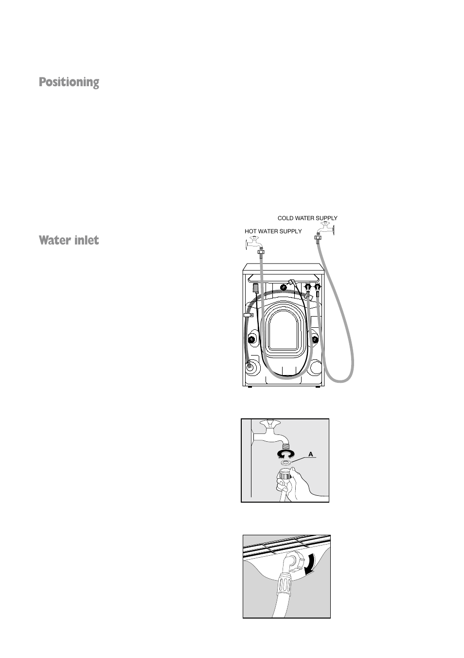 Positioning, Water inlet | Zanussi FLA 802 W User Manual | Page 26 / 32