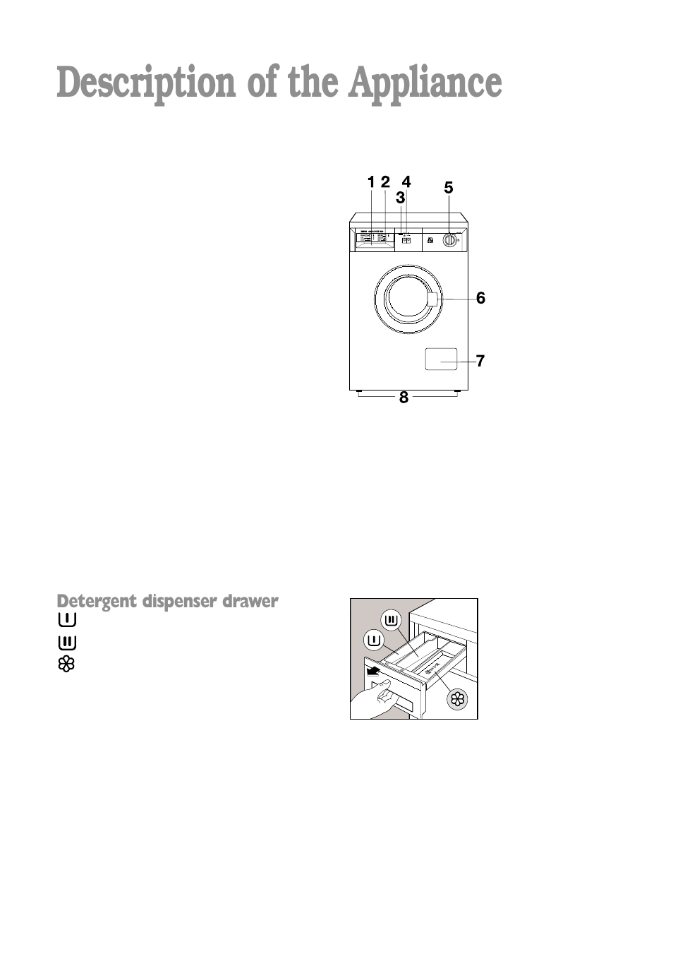 Description of the appliance, Detergent dispenser drawer | Zanussi FLA 802 W User Manual | Page 5 / 32