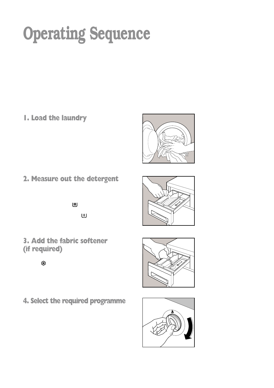 Operating sequence, Load the laundry, Measure out the detergent | Add the fabric softener (if required), Select the required programme | Zanussi FLA 802 W User Manual | Page 7 / 32