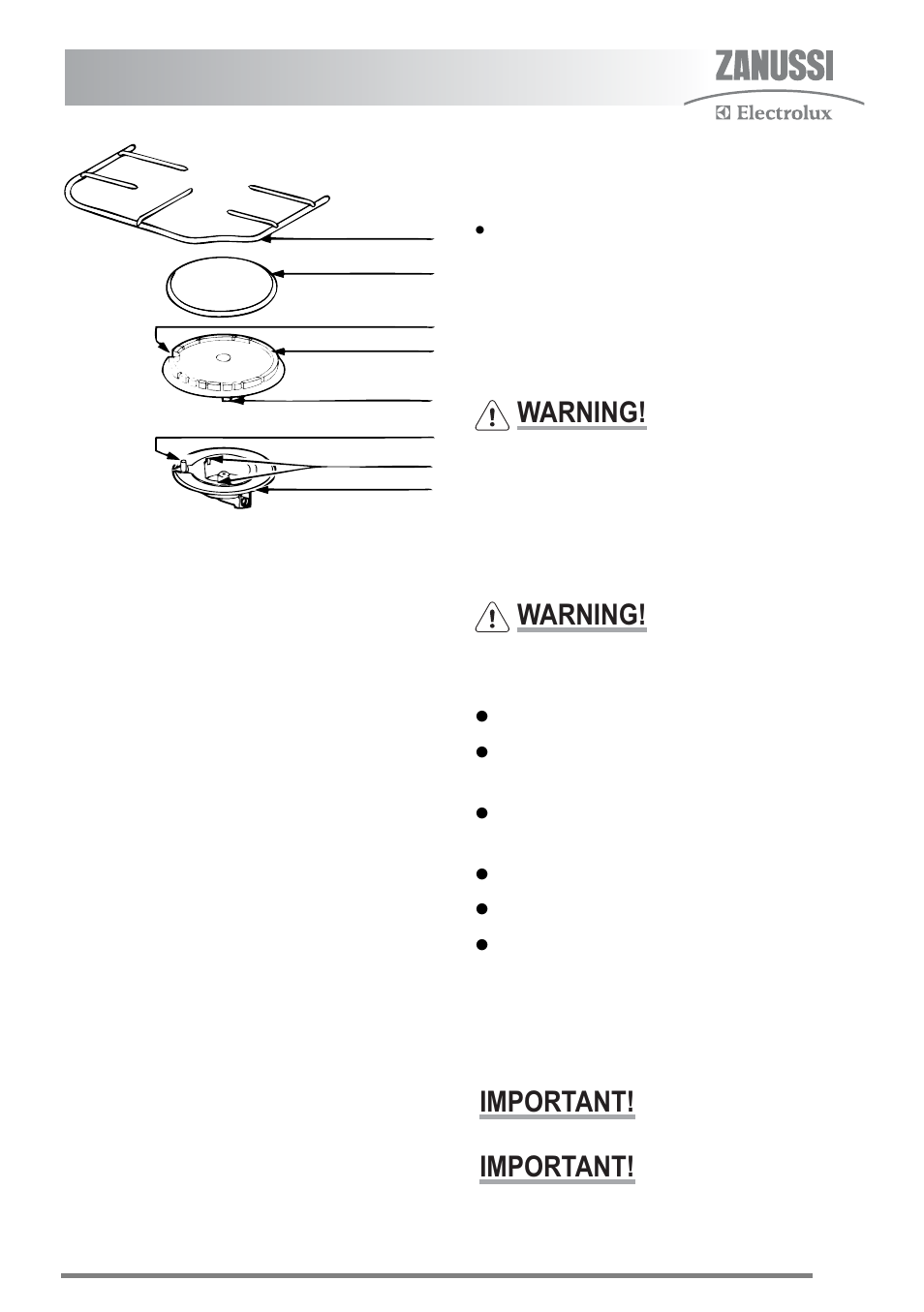 Cleaning the grill and oven furniture, Cleaning the grill, Cleaning inside the grill and oven compartments | Cleaning the door(s), Cleaning between the outer and inner door glass, Warning, Important | Zanussi ZKG6020 User Manual | Page 25 / 40