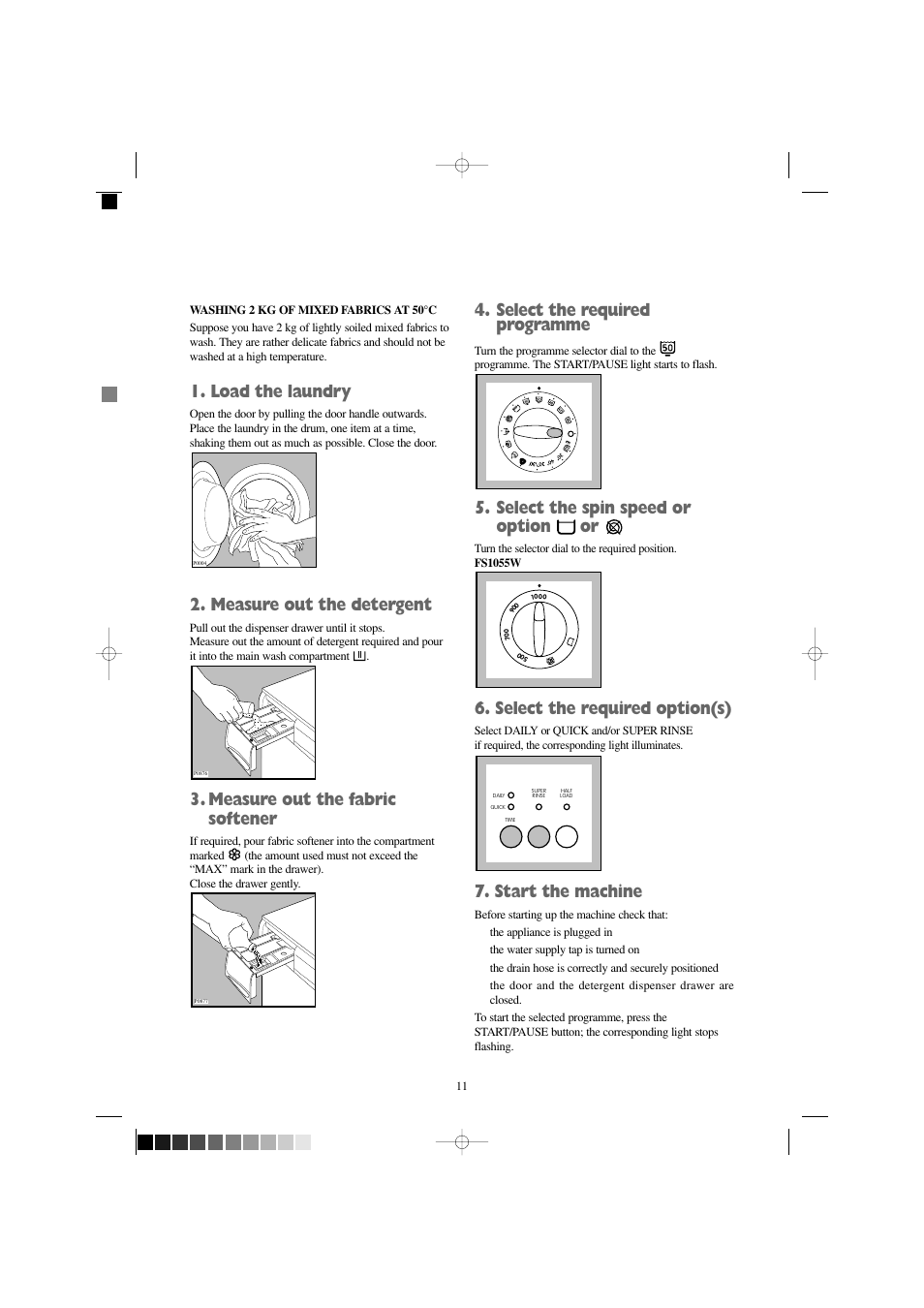 Load the laundry, Measure out the detergent, Measure out the fabric softener | Select the required programme, Select the spin speed or option or, Select the required option(s), Start the machine | Zanussi FS 1055 W User Manual | Page 11 / 28