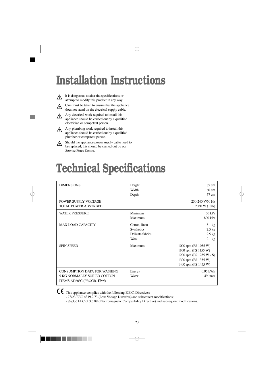 Installation instructions technical specifications | Zanussi FS 1055 W User Manual | Page 23 / 28