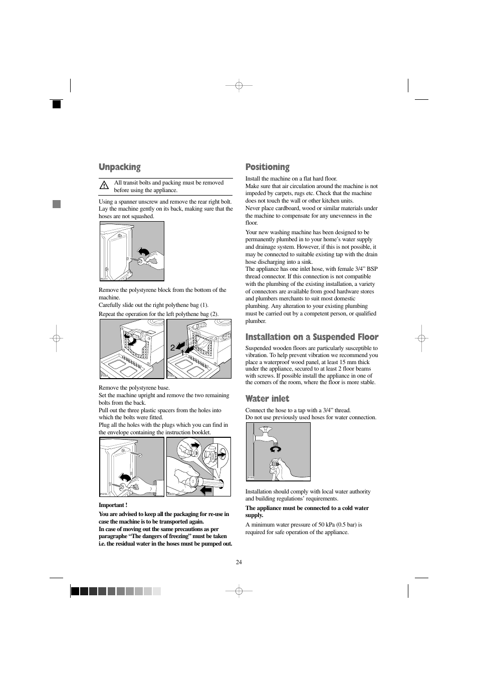 Unpacking, Positioning, Installation on a suspended floor | Water inlet | Zanussi FS 1055 W User Manual | Page 24 / 28