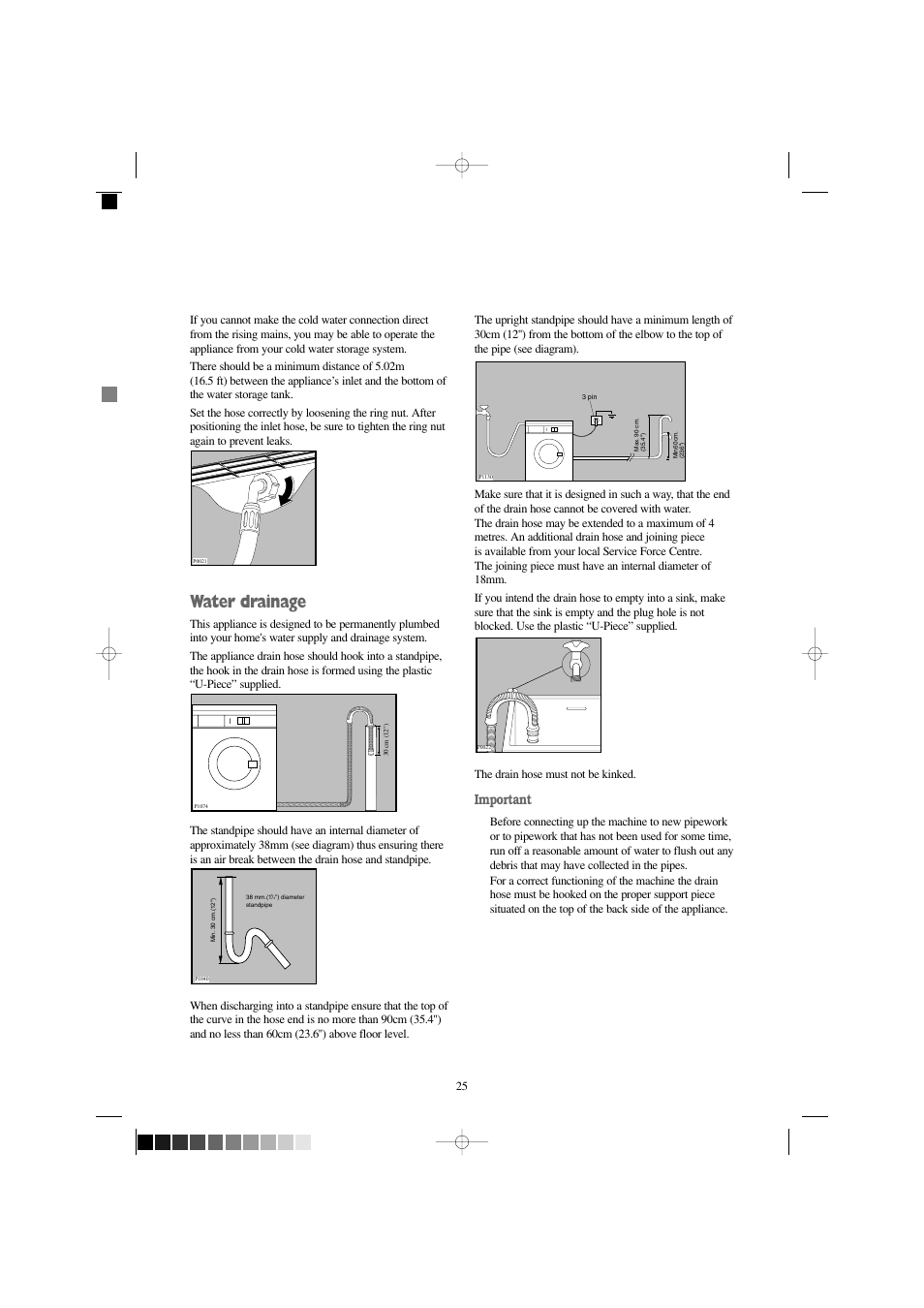 Water drainage, Important | Zanussi FS 1055 W User Manual | Page 25 / 28