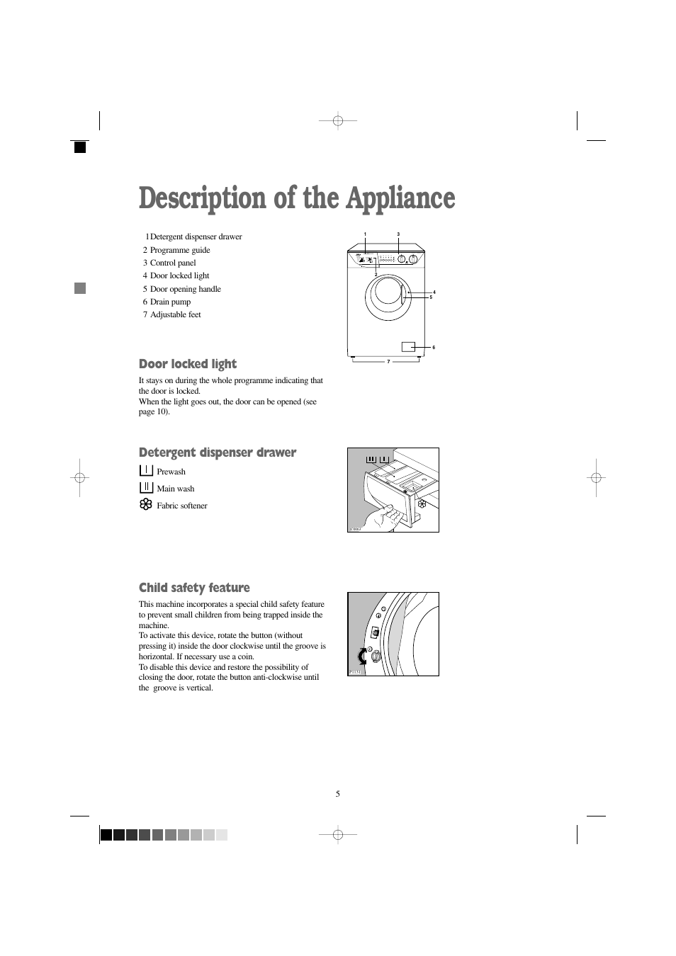 Description of the appliance, Door locked light, Detergent dispenser drawer | Child safety feature | Zanussi FS 1055 W User Manual | Page 5 / 28