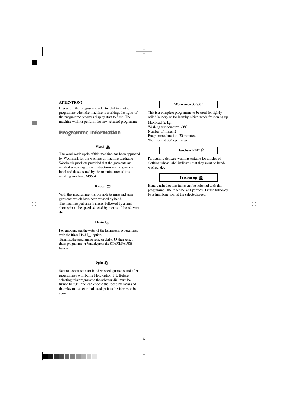 Programme information | Zanussi FS 1055 W User Manual | Page 8 / 28