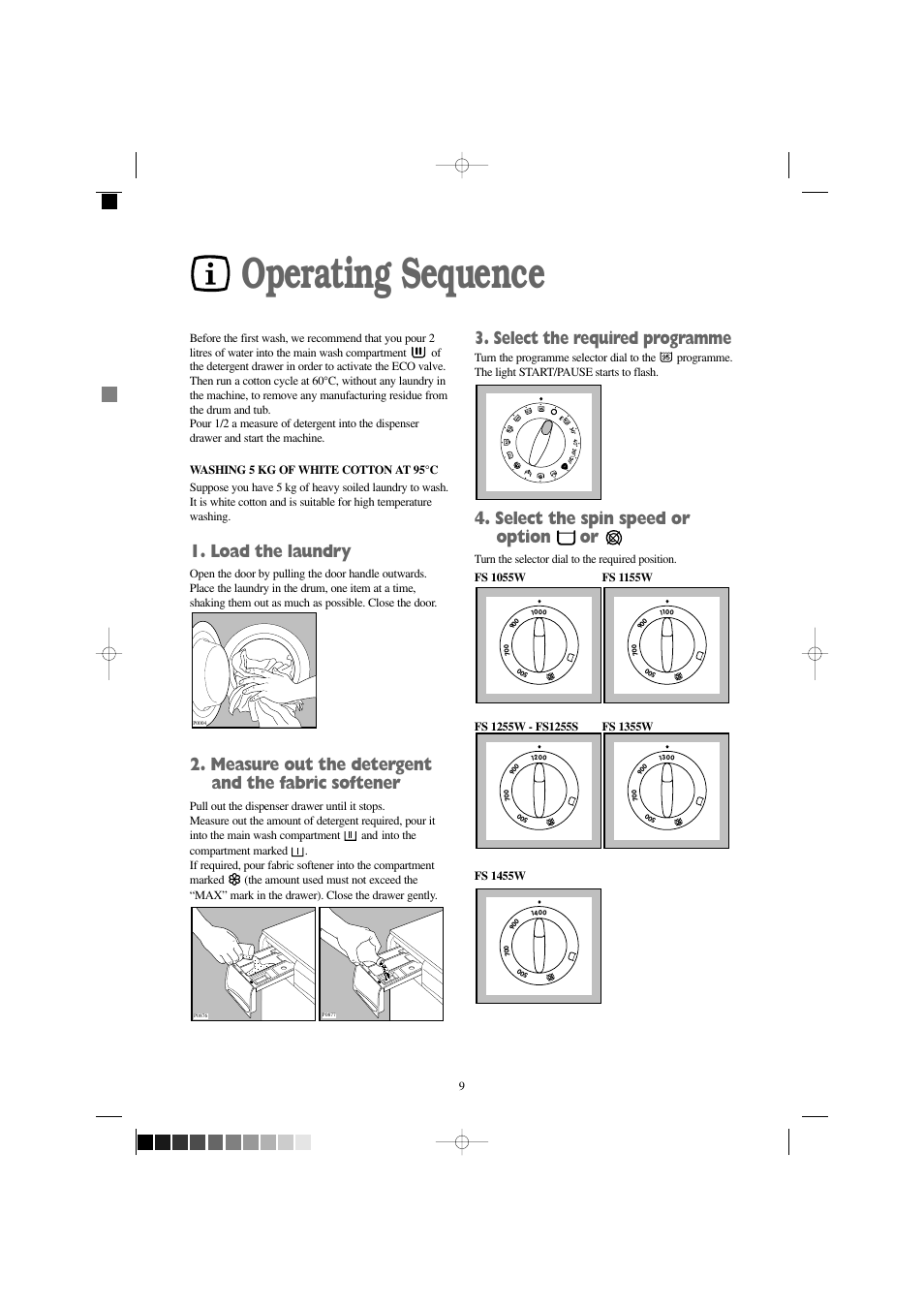 Operating sequence, Load the laundry, Measure out the detergent and the fabric softener | Select the required programme, Select the spin speed or option or | Zanussi FS 1055 W User Manual | Page 9 / 28