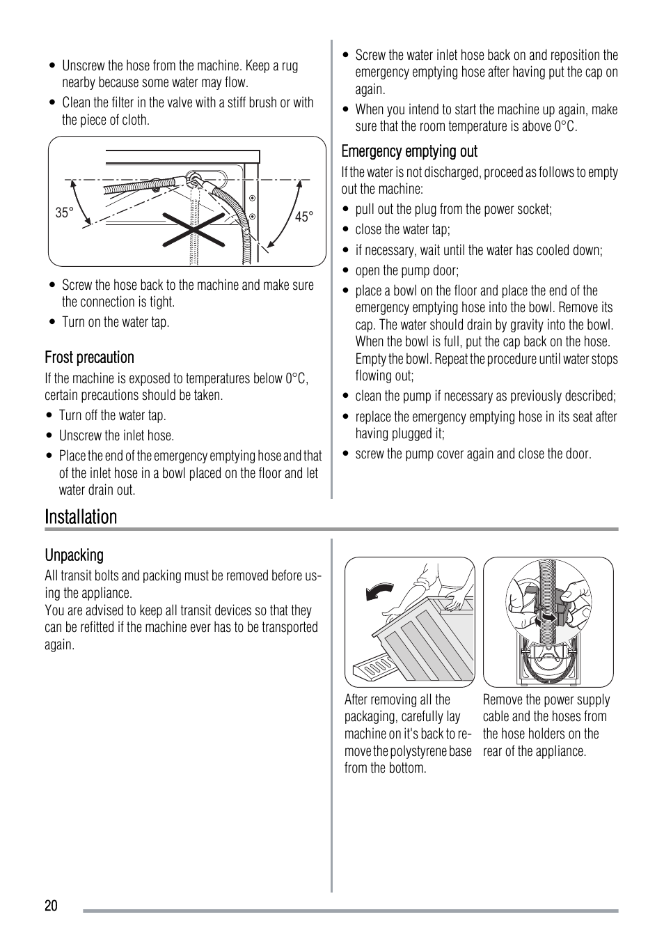 Installation | Zanussi ZWF 12380W User Manual | Page 20 / 28