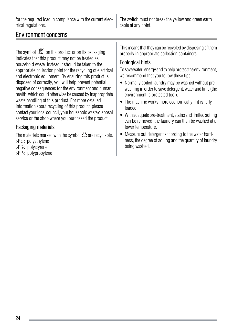 Environment concerns | Zanussi ZWF 12380W User Manual | Page 24 / 28