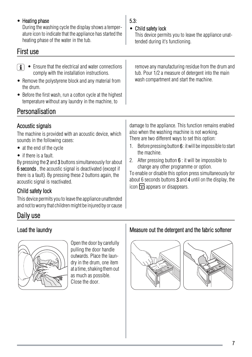 First use, Personalisation, Daily use | Zanussi ZWF 12380W User Manual | Page 7 / 28