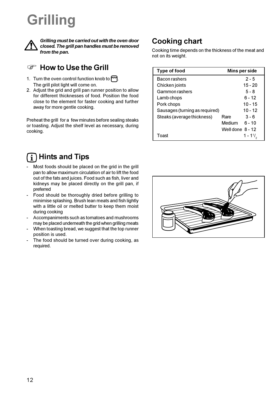 Grilling, How to use the grill, Hints and tips | Cooking chart | Zanussi ZCG 611 User Manual | Page 12 / 24