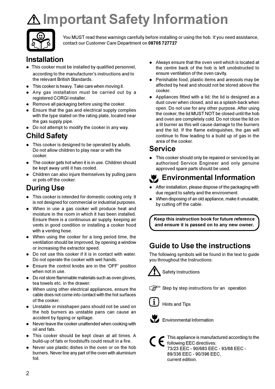 Important safety information, Installation, Child safety | During use, Service, Environmental information, Guide to use the instructions | Zanussi ZCG 611 User Manual | Page 2 / 24