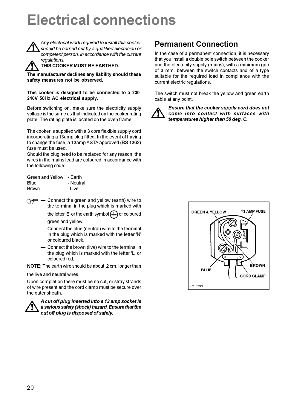 Electrical connections, Permanent connection | Zanussi ZCG 611 User Manual | Page 20 / 24
