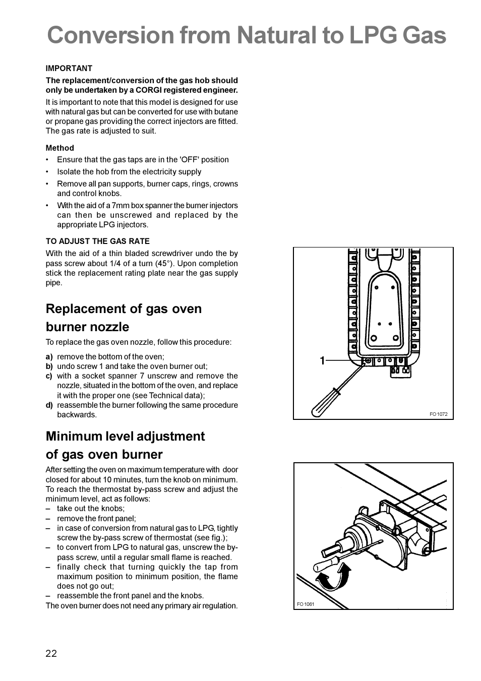 Conversion from natural to lpg gas, Replacement of gas oven burner nozzle, Minimum level adjustment of gas oven burner | Zanussi ZCG 611 User Manual | Page 22 / 24