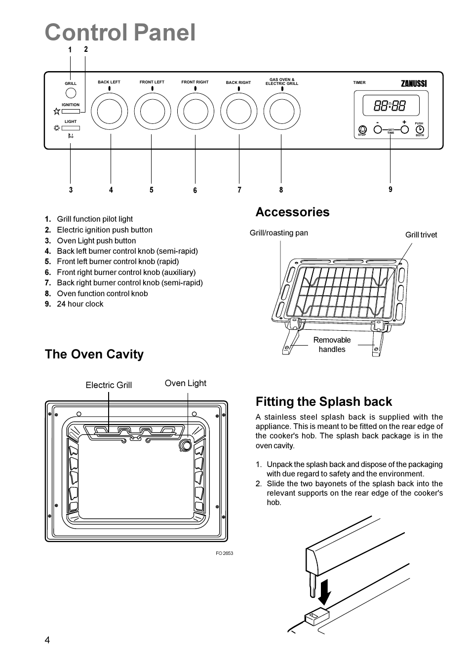 Control panel, Accessories the oven cavity, Fitting the splash back | Zanussi ZCG 611 User Manual | Page 4 / 24