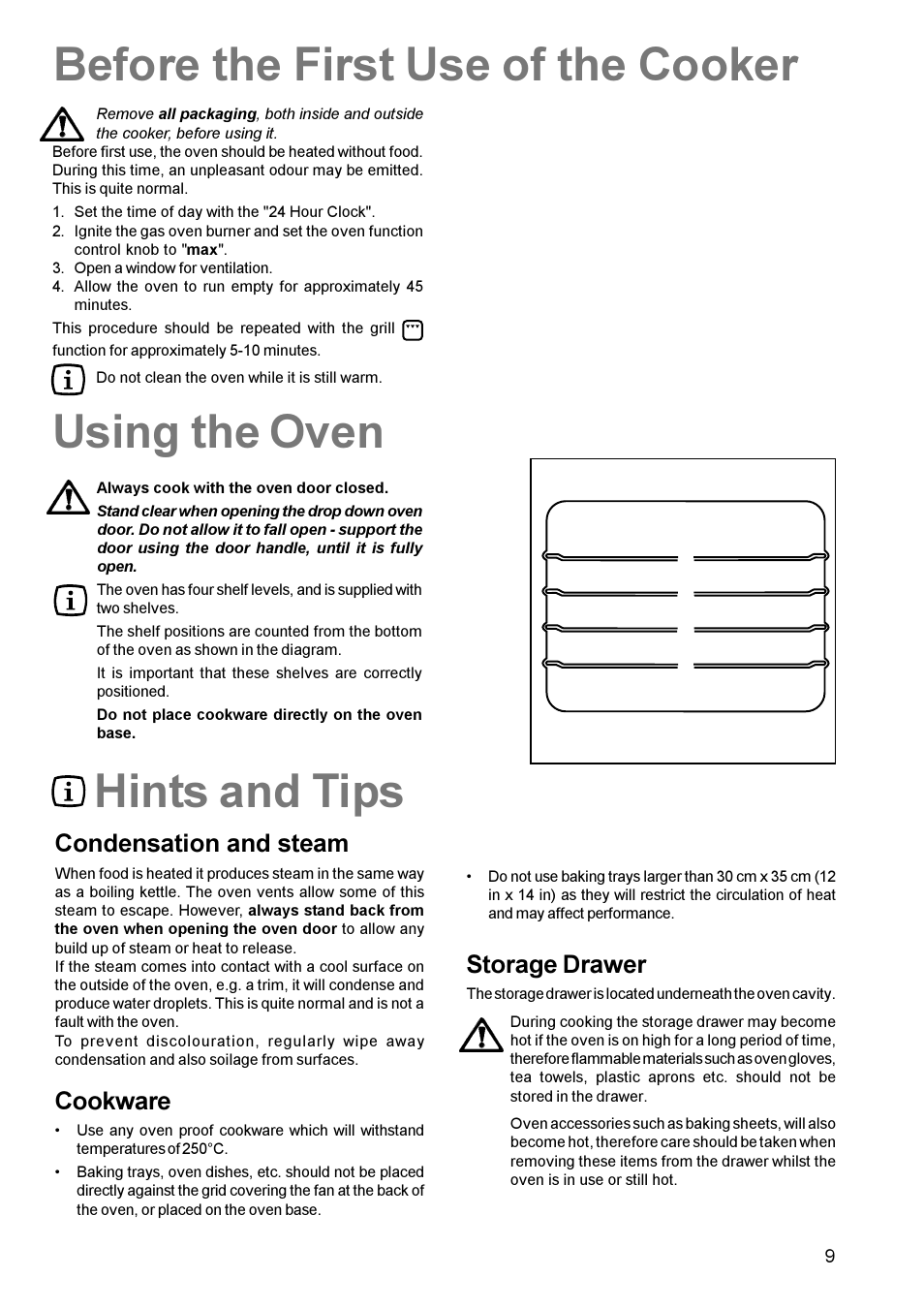 Hints and tips, Using the oven before the first use of the cooker, Condensation and steam | Cookware, Storage drawer | Zanussi ZCG 611 User Manual | Page 9 / 24