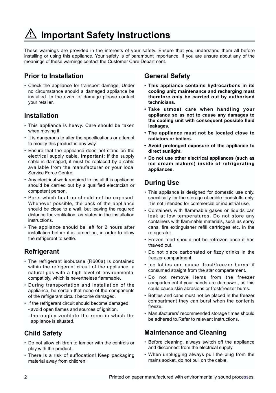 Important safety instructions, General safety, During use | Maintenance and cleaning, Prior to installation, Installation, Refrigerant, Child safety | Zanussi ZERT 2170 X User Manual | Page 2 / 16