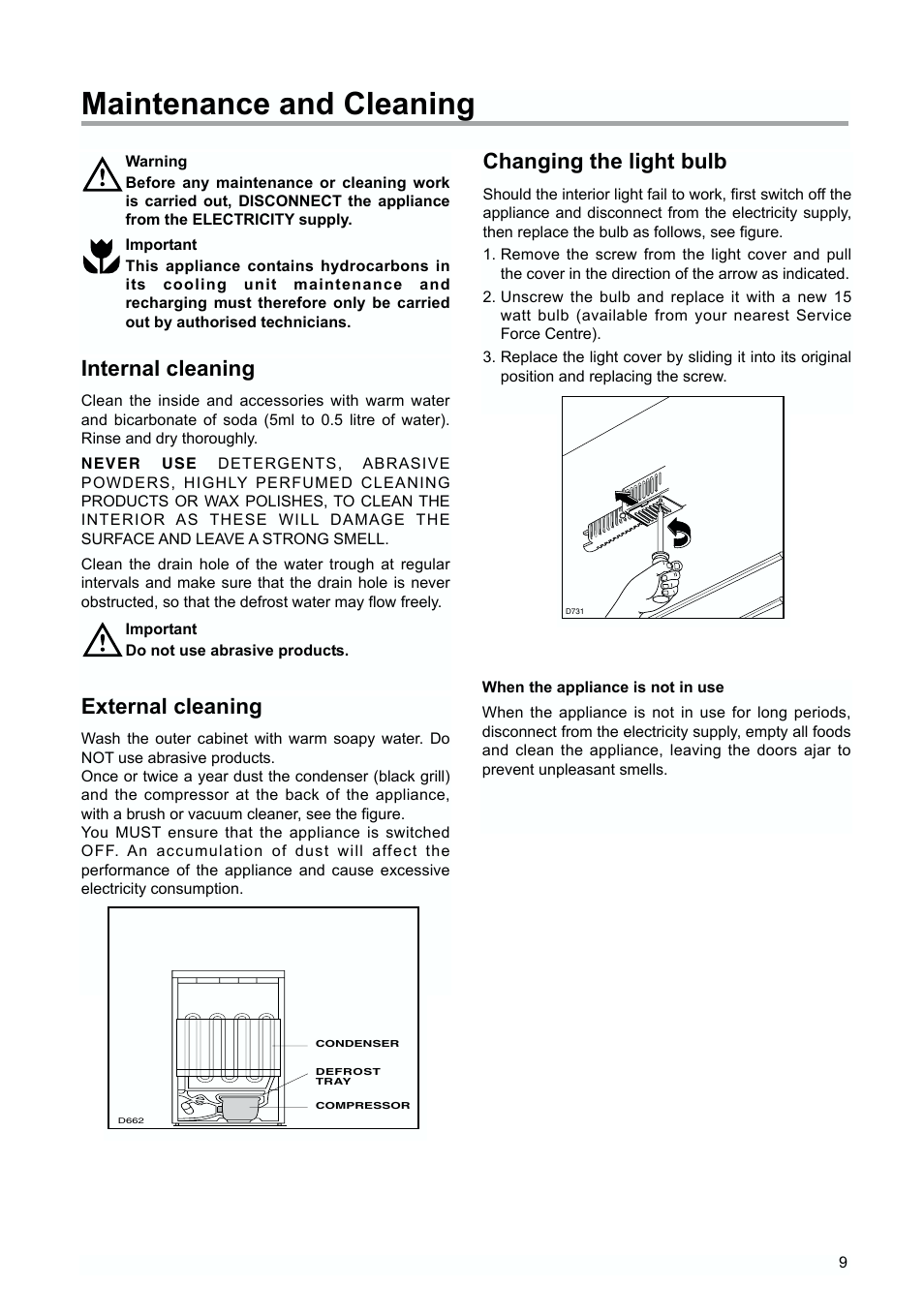 Maintenance and cleaning, Internal cleaning, Changing the light bulb | External cleaning | Zanussi ZERT 2170 X User Manual | Page 9 / 16