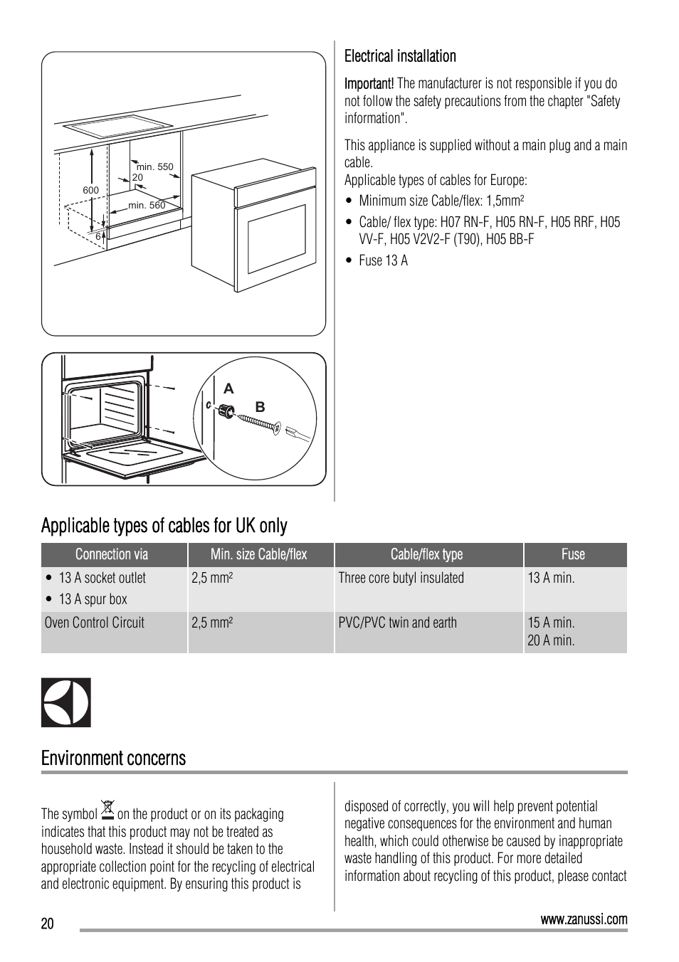 Applicable types of cables for uk only, Environment concerns | Zanussi ZOP37902 User Manual | Page 20 / 24