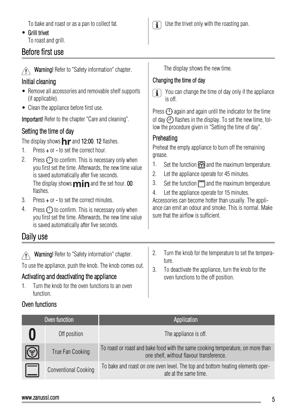 Before first use, Daily use | Zanussi ZOP37902 User Manual | Page 5 / 24