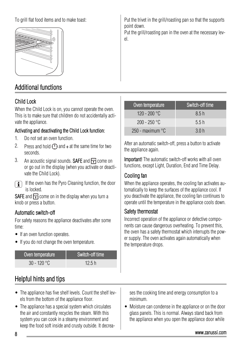 Additional functions, Helpful hints and tips | Zanussi ZOP37902 User Manual | Page 8 / 24