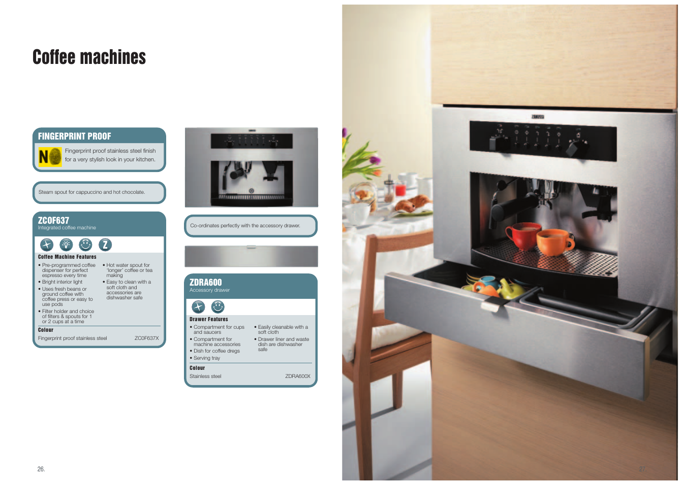 Coffee machines, Zcof637, Zdra600 | Fingerprint proof | Zanussi Built-In Coffee Machine User Manual | Page 2 / 2