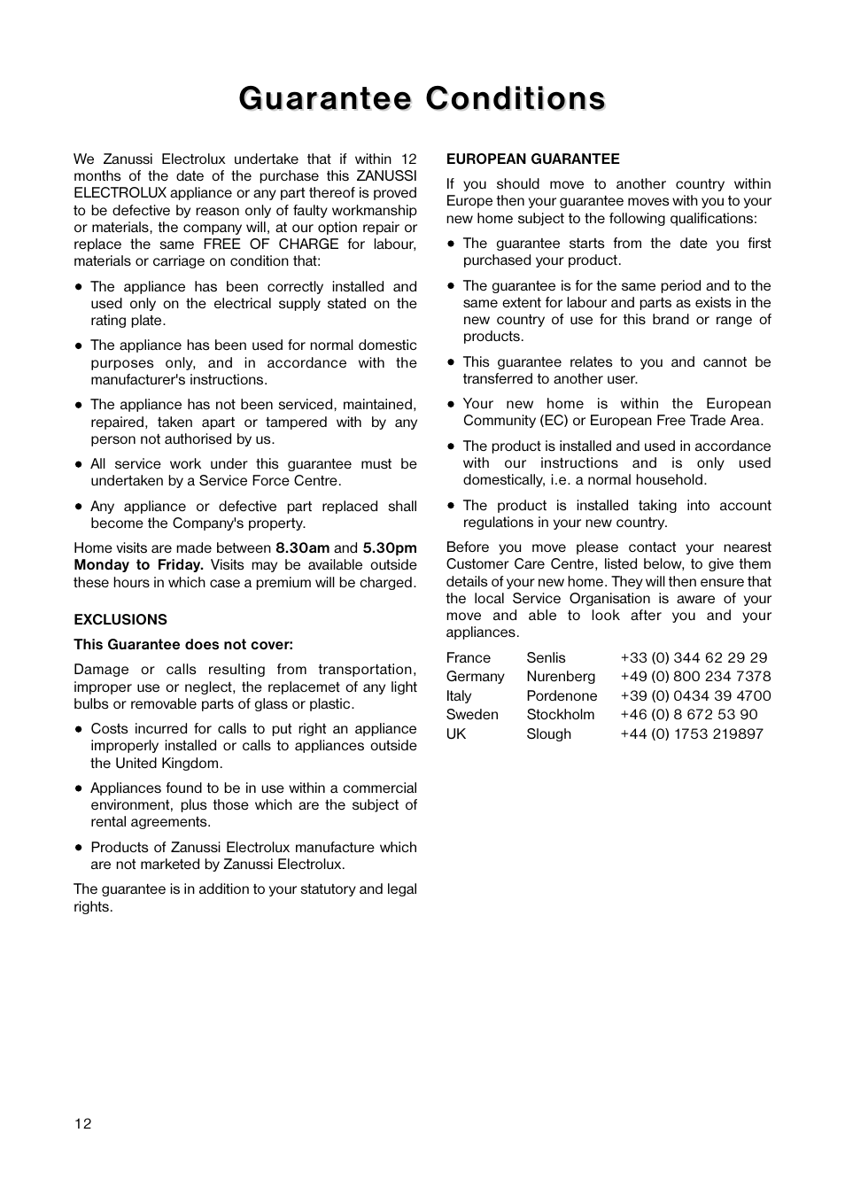 Guar, Guar ant ant ee conditions ee conditions | Zanussi ZEF 55 W User Manual | Page 12 / 16