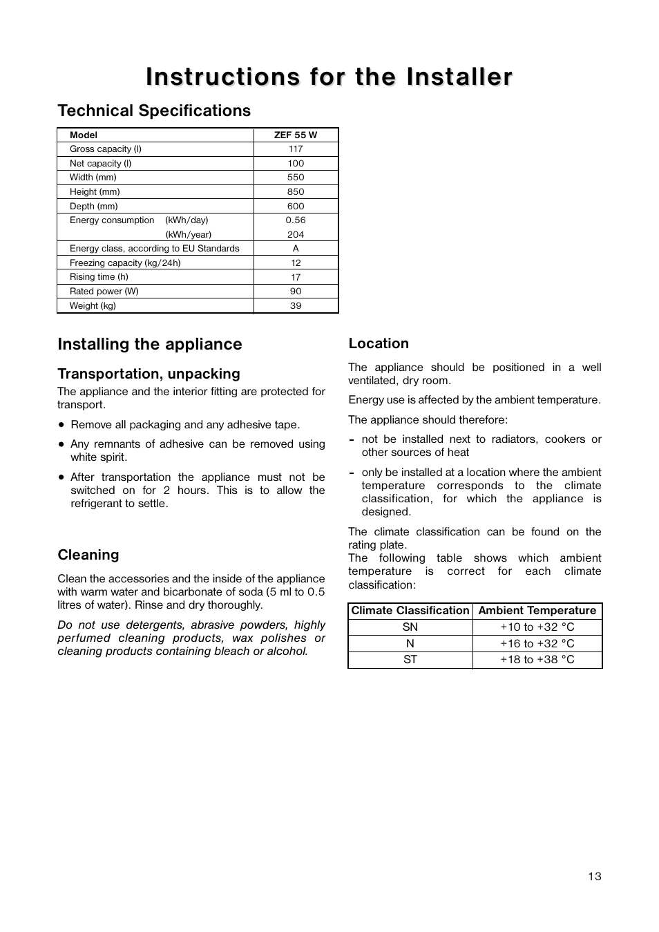 Installing the appliance, Technical specifications | Zanussi ZEF 55 W User Manual | Page 13 / 16