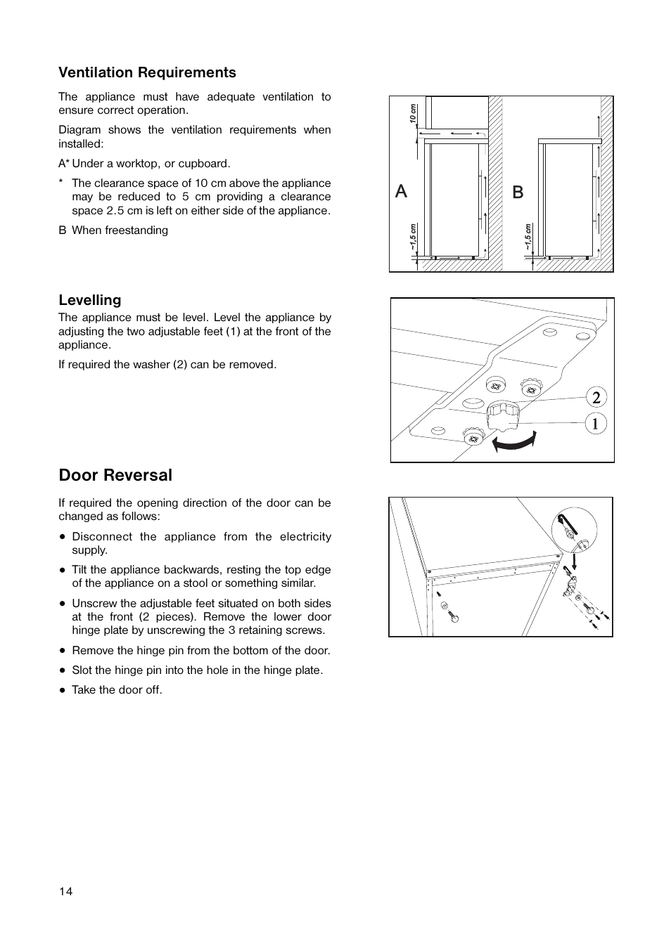 Door reversal, Levelling, Ventilation requirements | Zanussi ZEF 55 W User Manual | Page 14 / 16