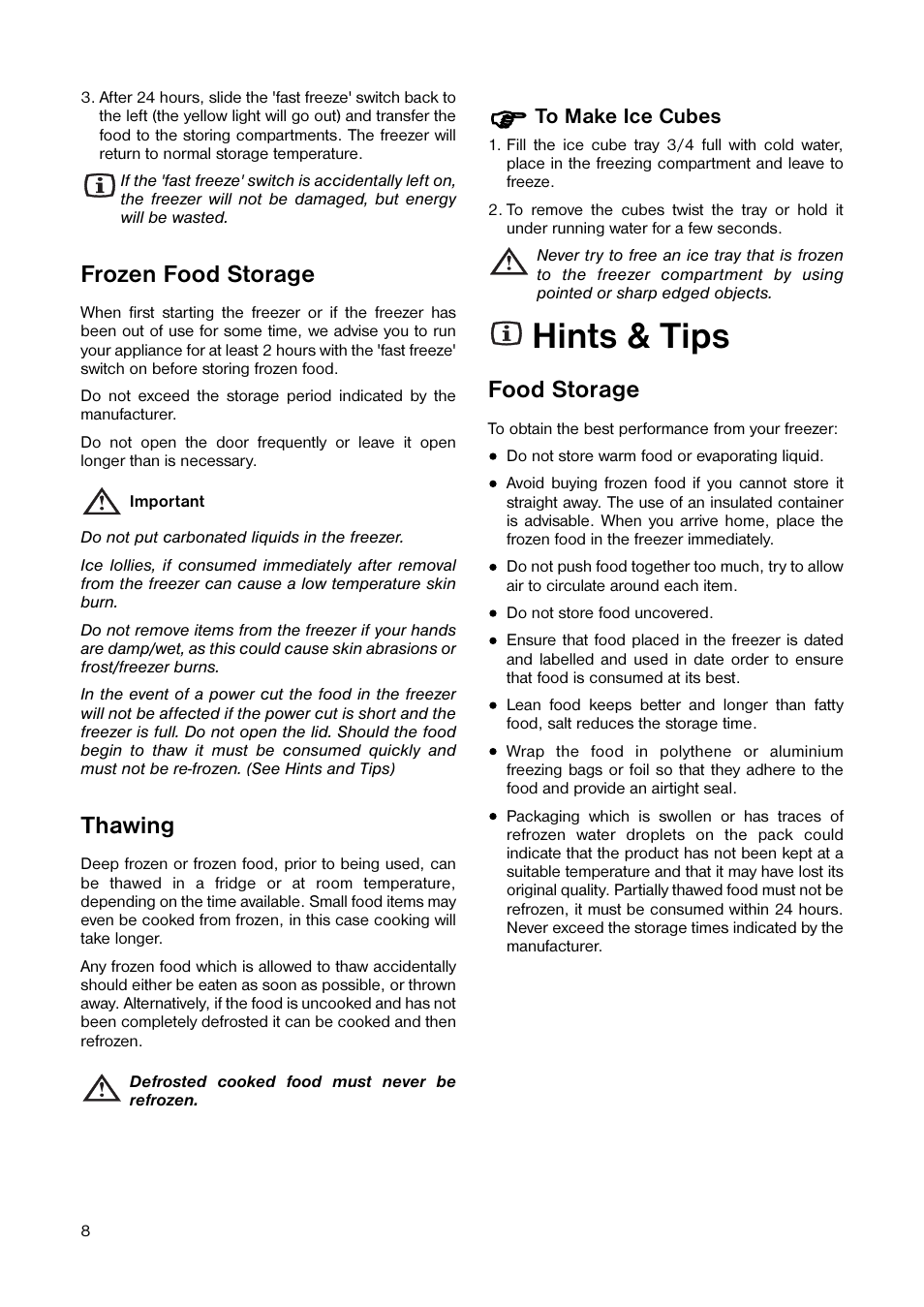 Hints & tips, Frozen food storage, Thawing | Food storage | Zanussi ZEF 55 W User Manual | Page 8 / 16