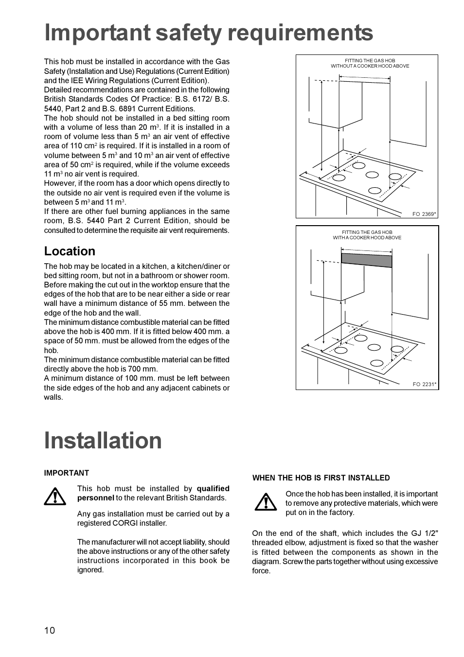 Important safety requirements, Installation, Location | Zanussi ZGL 62 User Manual | Page 10 / 16