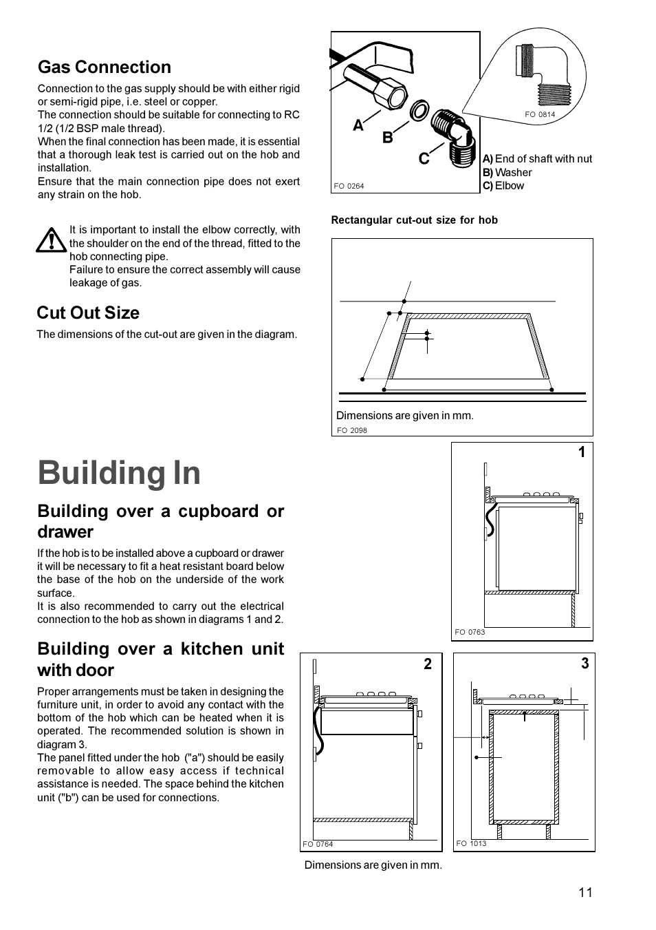 Building in, Building over a cupboard or drawer, Building over a kitchen unit with door | Gas connection, Cut out size | Zanussi ZGL 62 User Manual | Page 11 / 16