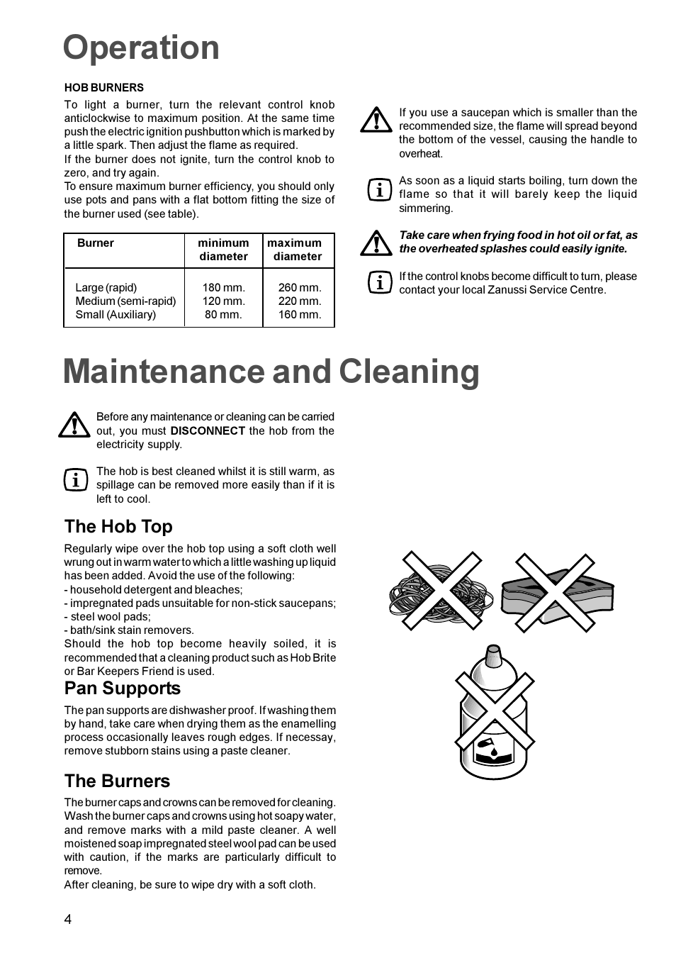 Operation, Maintenance and cleaning, The hob top | Pan supports, The burners | Zanussi ZGL 62 User Manual | Page 4 / 16