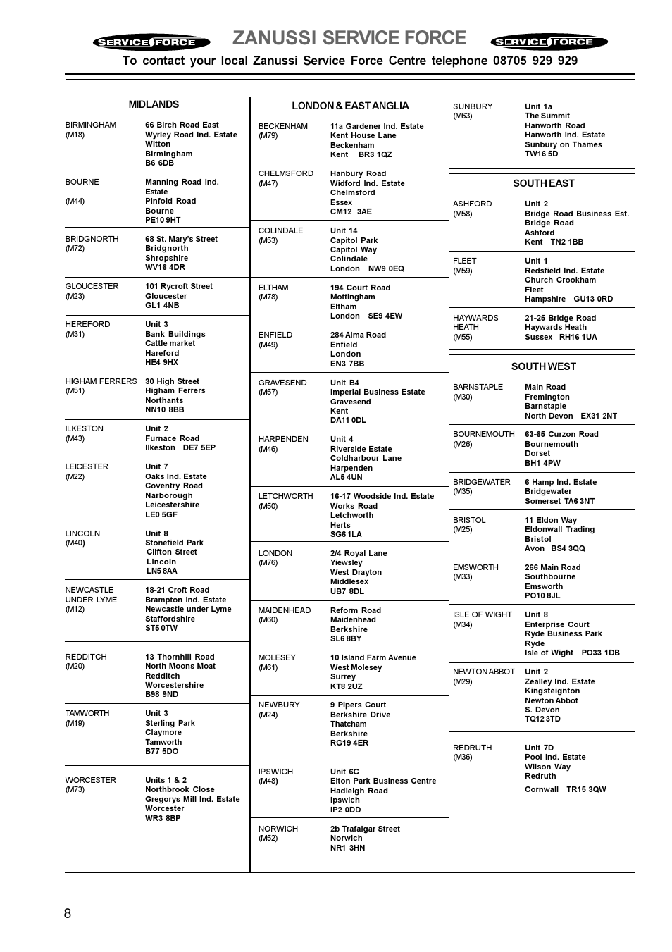 Zanussi service force | Zanussi ZGL 62 User Manual | Page 8 / 16