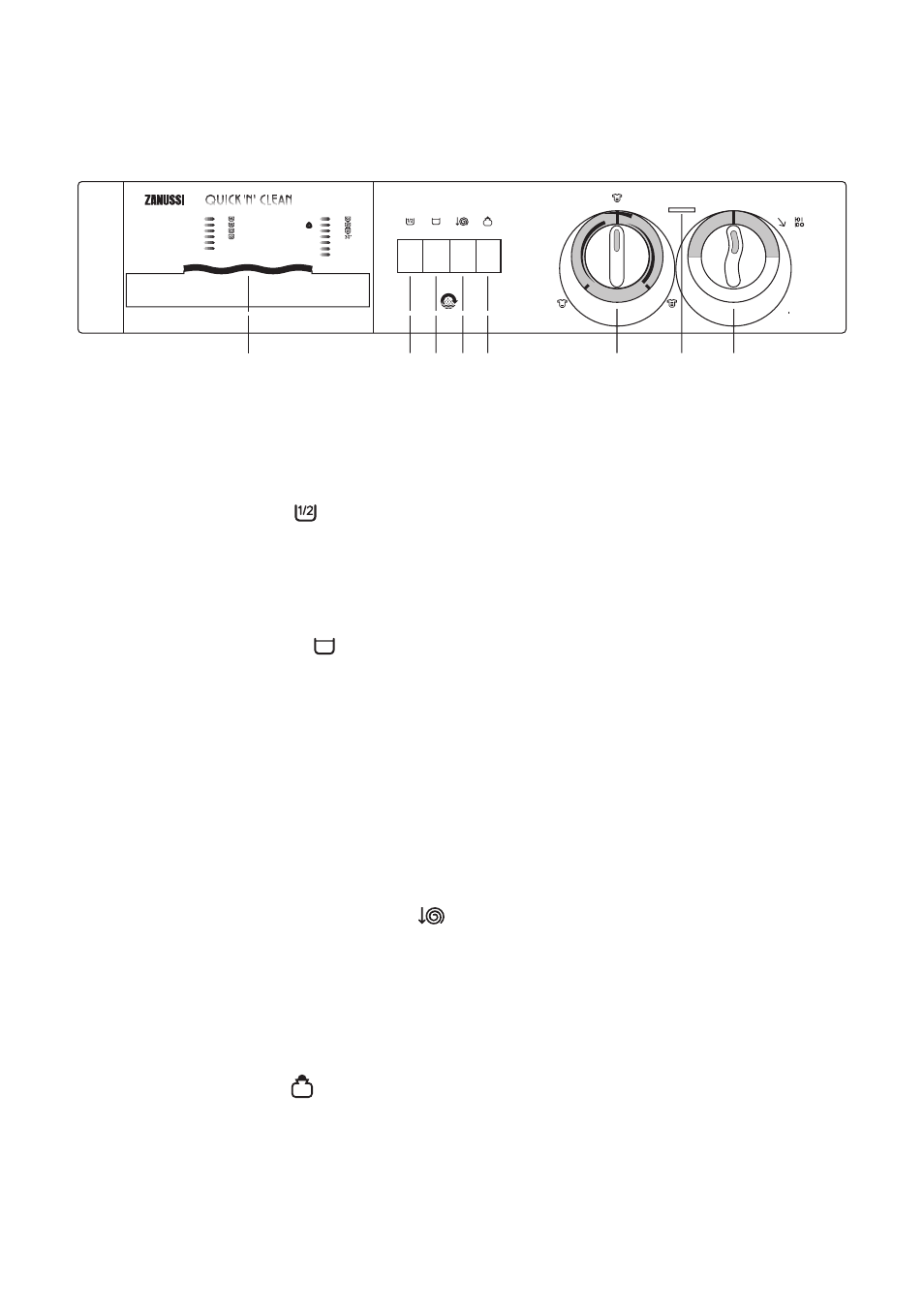 The control panel, 1 programme guide 2 half load button, 3 rinse hold button | 4 spin speed reduction button, 5 economy button, 6 quick’n’clean selector dial, 7 mains-on light, 8 programme selector dial/on/off switch | Zanussi FLS 1185 QAL User Manual | Page 6 / 27